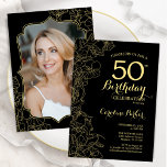 Zwart Goud Bloemen Foto 50e Verjaardagsfeest Kaart<br><div class="desc">Zwart goud bloemenfeest 50ste verjaardag uitnodiging met je foto aan de achterkant van de kaart. Minimalistisch modern design met botanische contourtekenaccenten, faux gouden folie en typografie script lettertype. Eenvoudige trendy uitnodigingskaart perfect voor een stijlvol vrouwen dagfeest. Kan worden aangepast aan elke leeftijd. Gedrukte Zazzle-uitnodigingen of direct download digitale afdrukbare sjabloon....</div>