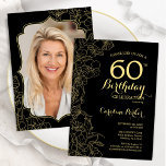 Zwart Goud Bloemen Foto 60e Verjaardagsfeest Kaart<br><div class="desc">Zwart goud bloemenfeest 60e verjaardag uitnodiging met je foto aan de achterkant van de kaart. Minimalistisch modern design met botanische contourtekenaccenten, faux gouden folie en typografie script lettertype. Eenvoudige trendy uitnodigingskaart perfect voor een stijlvol vrouwen dagfeest. Kan worden aangepast aan elke leeftijd. Gedrukte Zazzle-uitnodigingen of direct download digitale afdrukbare sjabloon....</div>