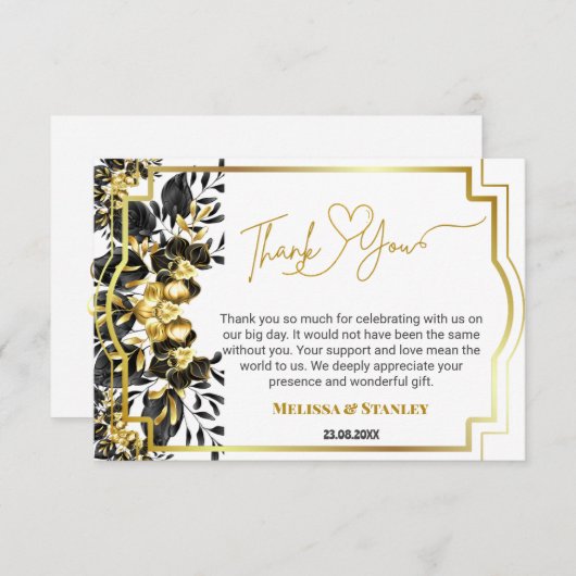 Zwart Goud Bloemen Geometrisch Monogram Terug Brui Bedankkaart (Voorkant / Achterkant)