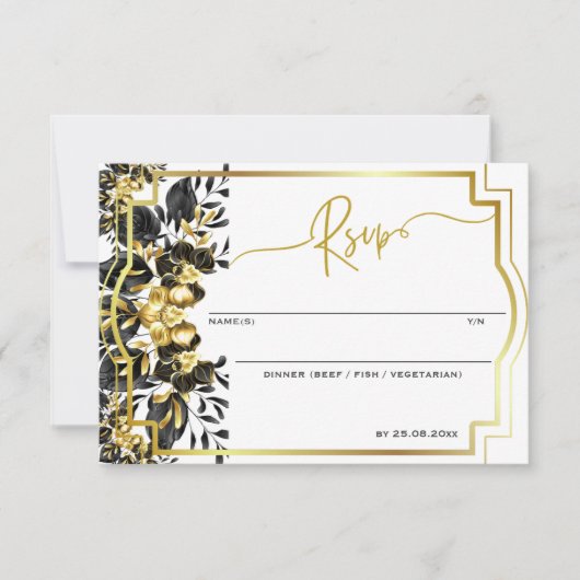 Zwart Goud Bloemen Geometrisch Monogram Terug Brui RSVP Kaartje (Voorkant)