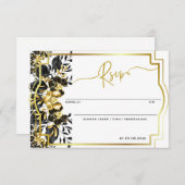 Zwart Goud Bloemen Geometrisch Monogram Terug Brui RSVP Kaartje (Voorkant / Achterkant)