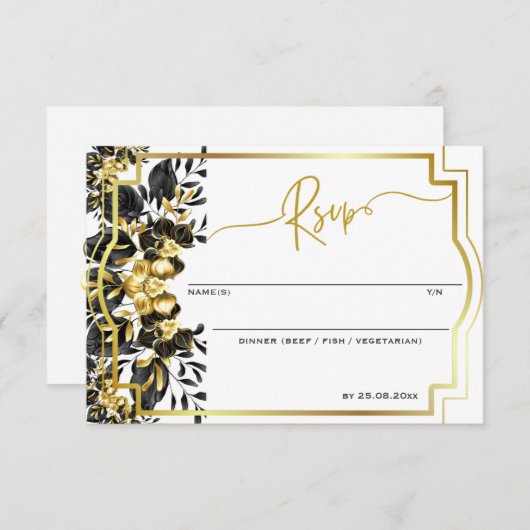 Zwart Goud Bloemen Geometrisch Monogram Terug Brui RSVP Kaartje (Voorkant / Achterkant)
