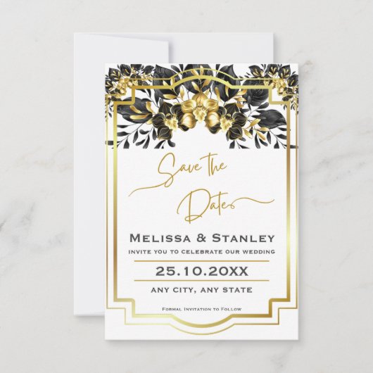 Zwart Goud Bloemen Geometrisch Monogram Terug Brui Save The Date (Voorkant)