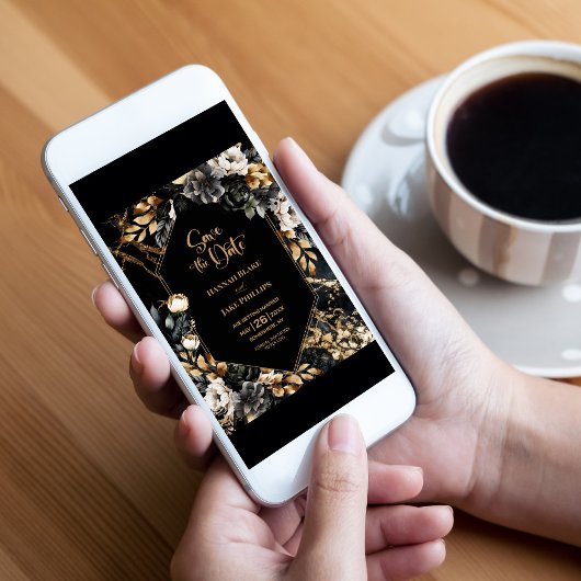 Zwart Goud Bloemen Geometrische Bruiloft Save The Date