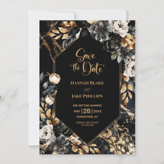 Zwart Goud Bloemen Geometrische Bruiloft Save The Date (Voorkant)