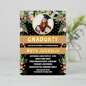 Zwart Goud Bloemen Graduation Party Foto Folie Uitnodiging (Staand Voorkant)