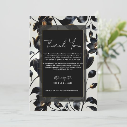 Zwart & Goud Bloemen Greige bruiloft Dank u Kaart (Staand voorkant)