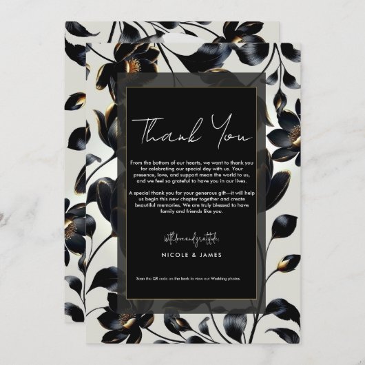 Zwart & Goud Bloemen Greige bruiloft Dank u Kaart (Voorkant / Achterkant)