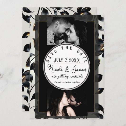 Zwart & Goud Bloemen Greige bruiloft Save the Date (Voorkant / Achterkant)