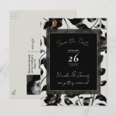 Zwart & Goud Bloemen Greige bruiloft Save the Date Aankondigingskaart (Voorkant / Achterkant)