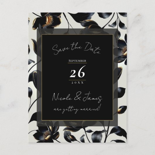 Zwart & Goud Bloemen Greige bruiloft Save the Date Aankondigingskaart (Voorkant)
