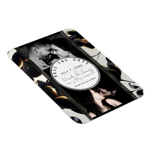 Zwart & Goud Bloemen Greige bruiloft Save the Date Magneet (Rechterzijde)