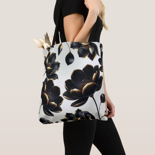 Zwart & Goud Bloemen Greige Elegant Dark Moody Tote Bag (Dichtbij)