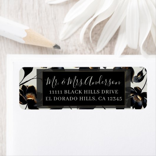 Zwart & Goud Bloemen Greige Elegante Huwelijk Etiket (Insitu)
