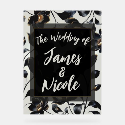 Zwart & Goud Bloemen Greige Huwelijk Welkom Acryl Bord (Voorkant)