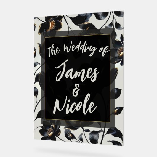 Zwart & Goud Bloemen Greige Huwelijk Welkom Acryl Bord (Hoek)