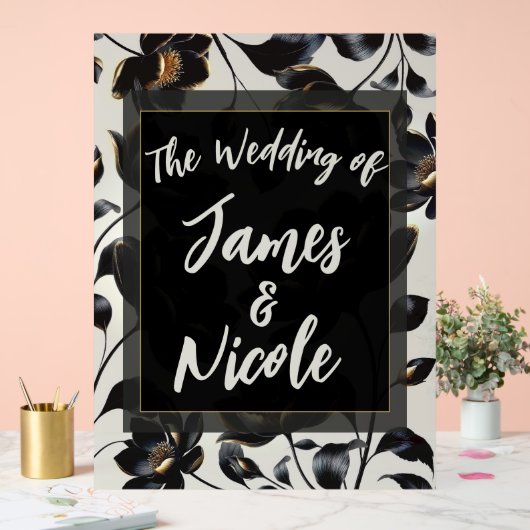 Zwart & Goud Bloemen Greige Huwelijk Welkom Acryl Bord (Huwelijk)