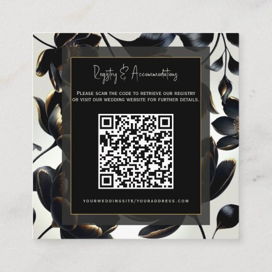 Zwart & Goud Bloemen Greige Trouwdetails Vierkante Visitekaartje (Achterkant)