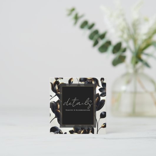 Zwart & Goud Bloemen Greige Trouwdetails Vierkante Visitekaartje (Staand voorkant)