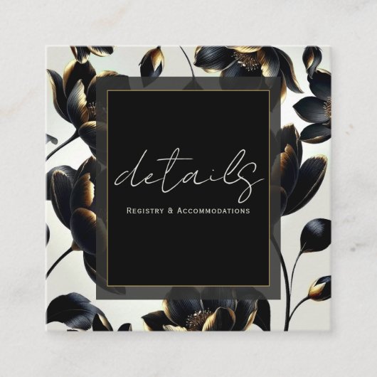 Zwart & Goud Bloemen Greige Trouwdetails Vierkante Visitekaartje (Voorkant)