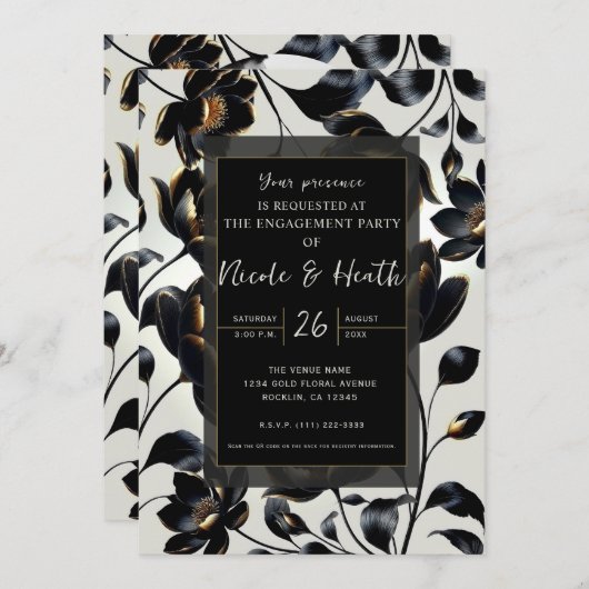 Zwart & Goud Bloemen Greige Verloving Kaart (Voorkant / Achterkant)