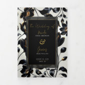 Zwart & Goud Bloemen Greige Wedding Drieluik Uitnodiging (Cover)