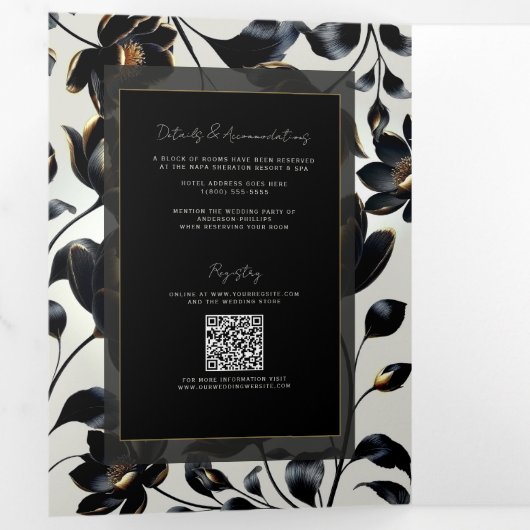 Zwart & Goud Bloemen Greige Wedding Drieluik Uitnodiging (Binnenzijde eerst)