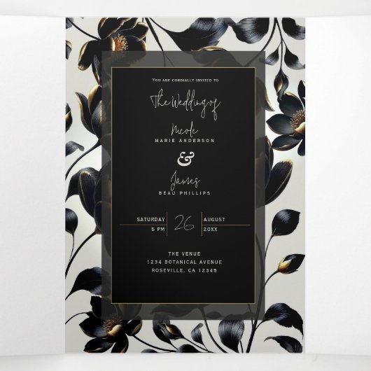 Zwart & Goud Bloemen Greige Wedding Drieluik Uitnodiging (Binnenkant midden)