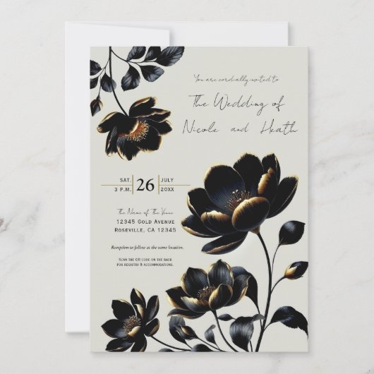 Zwart & Goud Bloemen Greige Wedding Kaart (Voorkant)
