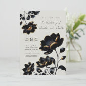 Zwart & Goud Bloemen Greige Wedding Kaart (Staand voorkant)