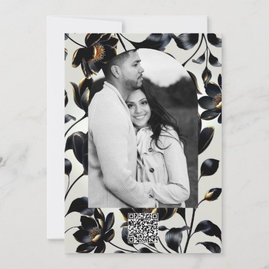 Zwart & Goud Bloemen Greige Wedding Kaart (Achterkant)