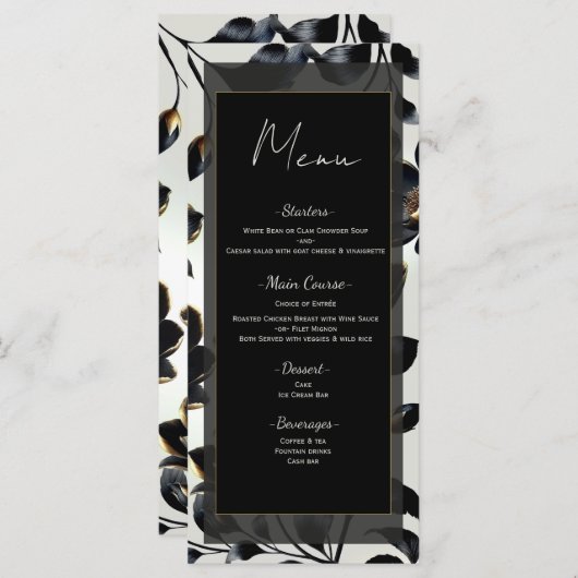 Zwart & Goud Bloemen Greige Wedding Menu (Voorkant / Achterkant)