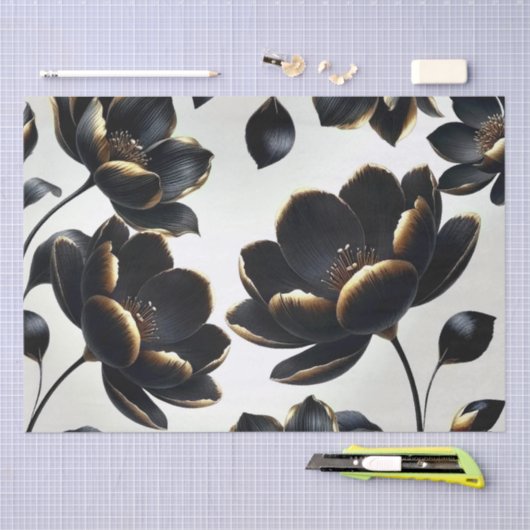 Zwart & Goud Bloemen Greige Wedding Tissuepapier (Craft)