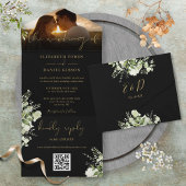 Zwart Goud Bloemen Groen QR Code Bruiloft Foto All In One Uitnodiging