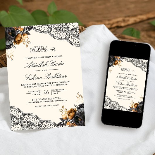 Zwart Goud Bloemen Kant Cream Moslim Bruiloft Kaart