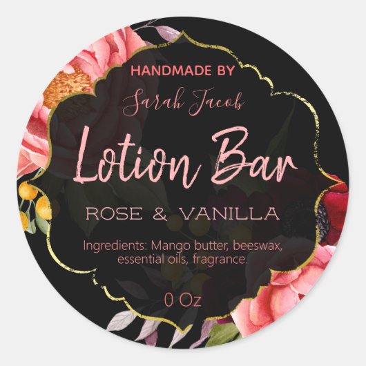 Zwart Goud Bloemen Lotion Bar Labels (Voorkant)