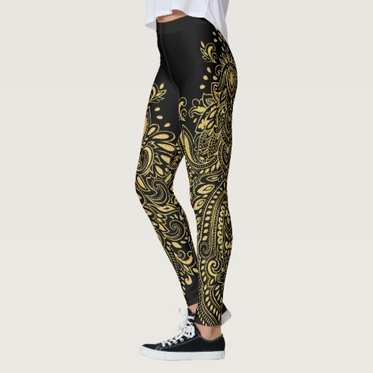 Zwart & Goud Bloemen Mandala Ornament Leggings (Links)