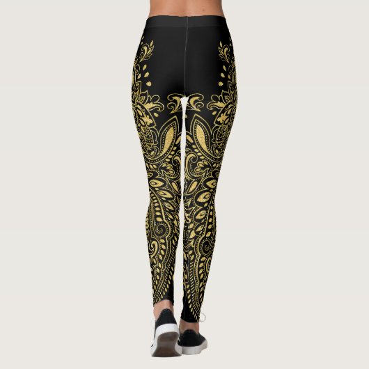 Zwart & Goud Bloemen Mandala Ornament Leggings (Achterkant)