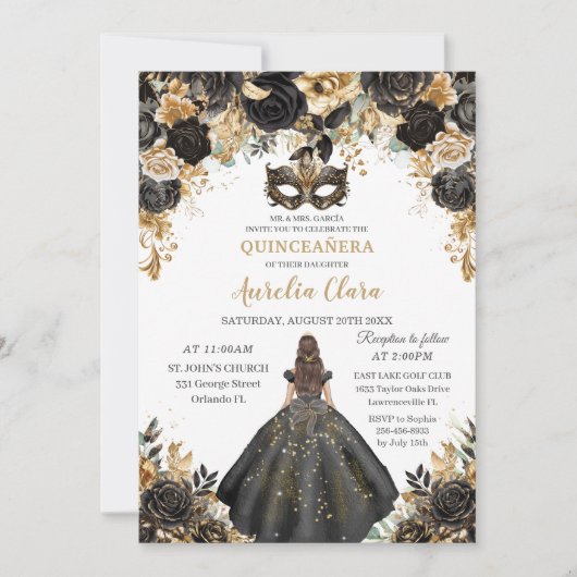 Zwart Goud Bloemen Masquerade Bal Quinceañera Kaart (Voorkant)