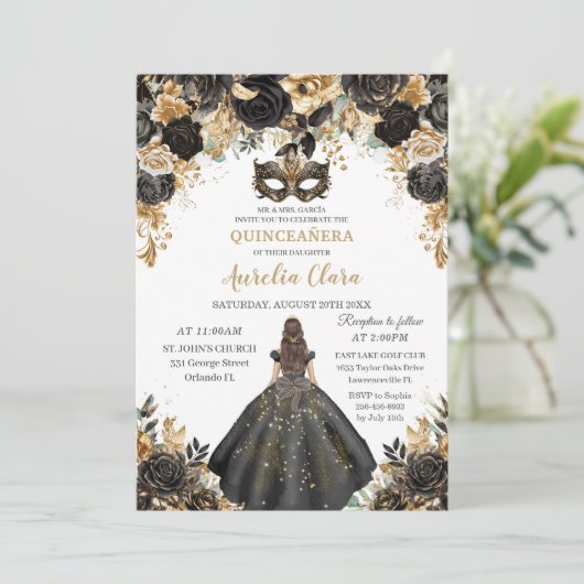Zwart Goud Bloemen Masquerade Bal Quinceañera Kaart (Staand voorkant)