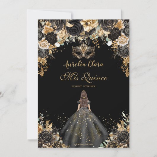Zwart Goud Bloemen Masquerade Bal Quinceañera Kaart (Achterkant)