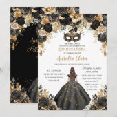 Zwart Goud Bloemen Masquerade Bal Quinceañera Kaart (Voorkant / Achterkant)