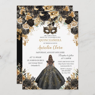 Zwart Goud Bloemen Masquerade Bal Quinceañera Kaart