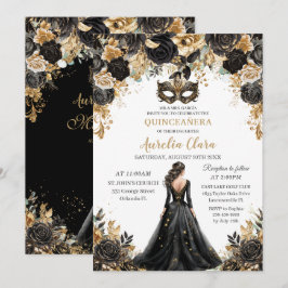 Zwart Goud Bloemen Masquerade Bal Quinceañera Kaart