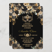 Zwart Goud Bloemen Masquerade Bal Quinceañera Kaart (Voorkant / Achterkant)