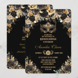 Zwart Goud Bloemen Masquerade Bal Quinceañera Kaart