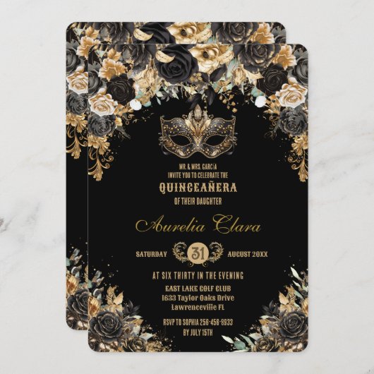 Zwart Goud Bloemen Masquerade Bal Quinceañera Kaart (Voorkant / Achterkant)