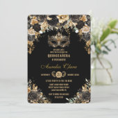 Zwart Goud Bloemen Masquerade Bal Quinceañera Kaart (Staand voorkant)