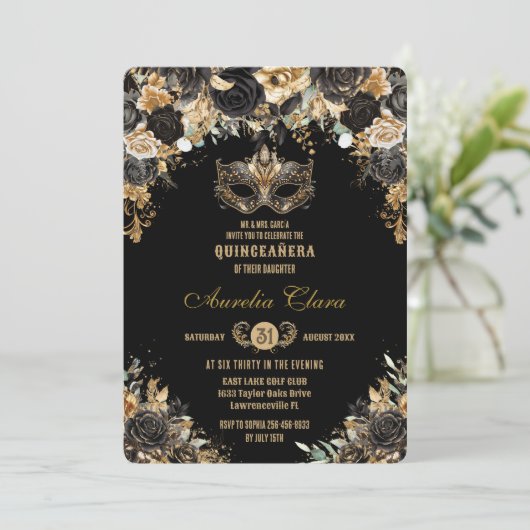Zwart Goud Bloemen Masquerade Bal Quinceañera Kaart (Staand voorkant)