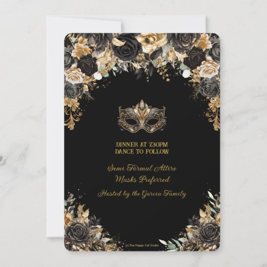 Zwart Goud Bloemen Masquerade Bal Quinceañera Kaart (Achterkant)